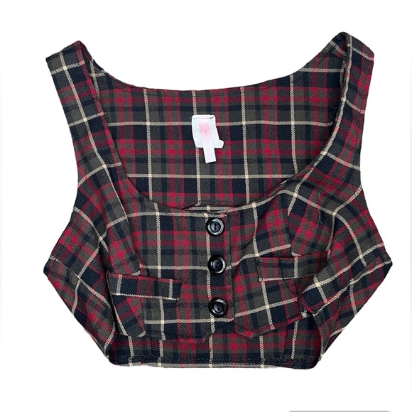 Red & Black Plaid Cropped Vest Button Front - Picture 10 of 10